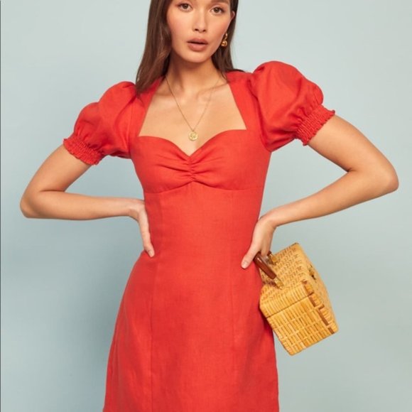 NWT Reformation Gina Red Linen Dress 8 - Picture 3 of 7